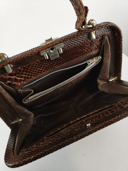 Bolso Vintage de Mano / Piel de Serpiente Marrón /