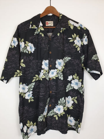 Camisa Hawaii Negra con Flores Blancas L