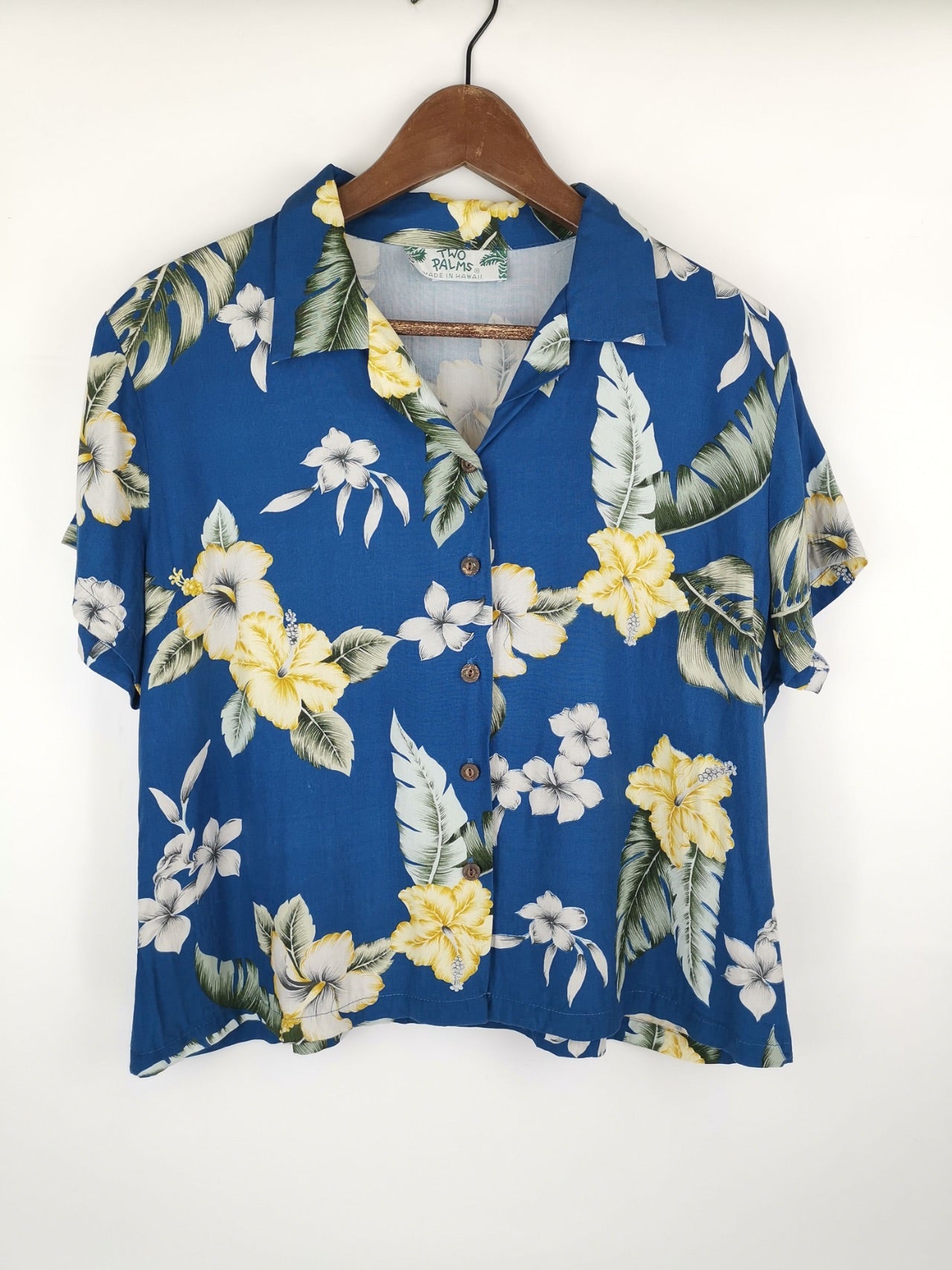 Blusa Made in Hawaii Azul y Flores Amarillas / Talla S